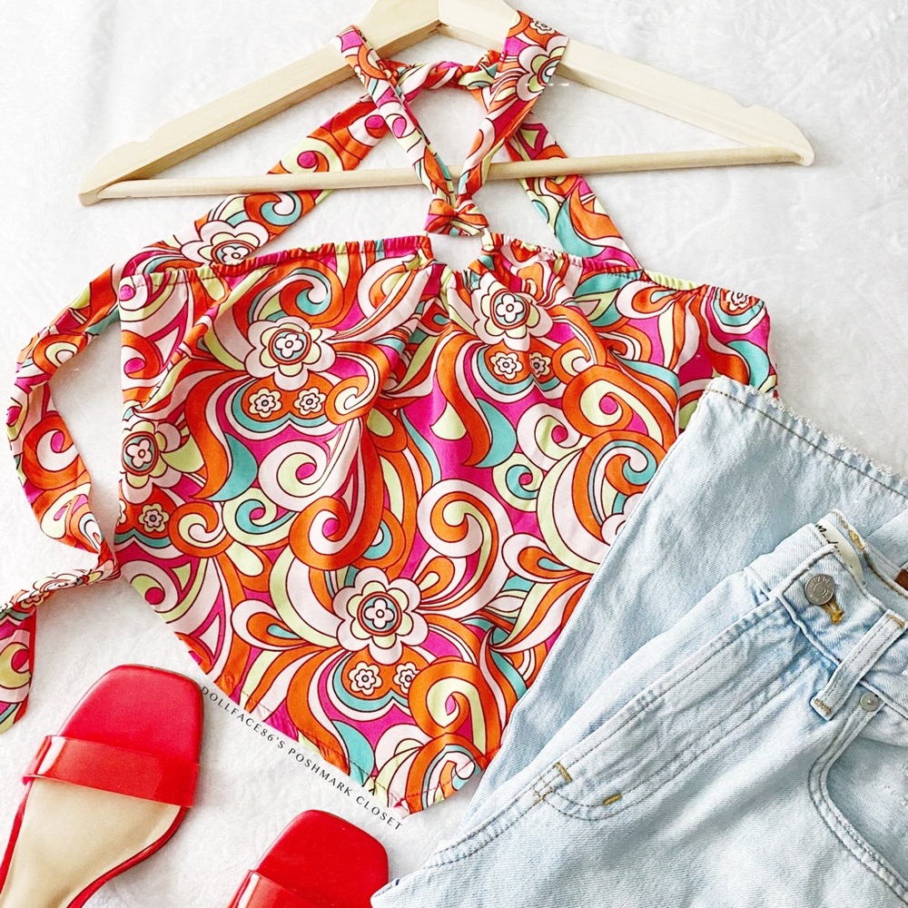 Groovy 70’s Floral Print Handkerchief Silky Halter Neck Crop Top